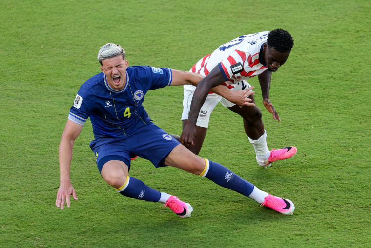 Folarin Balogun fouls Tarik Muharemovic.