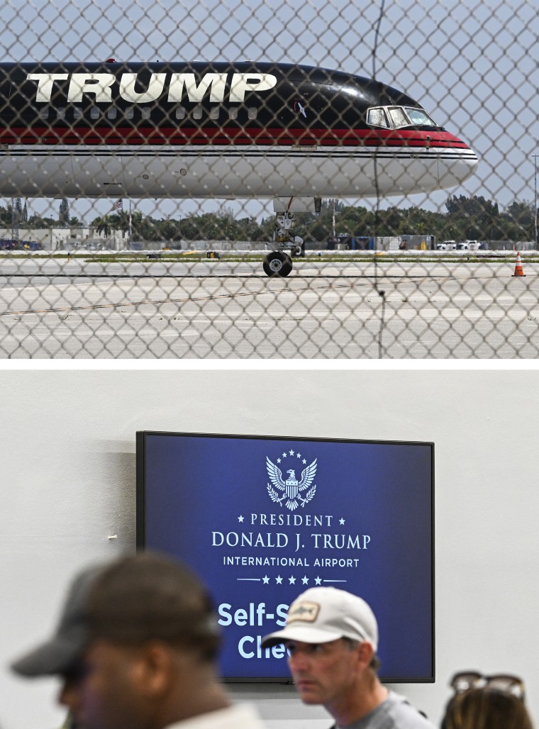 A diptych image showing scenes from Palm Beach International Airport with its new Donald Trump branding.
